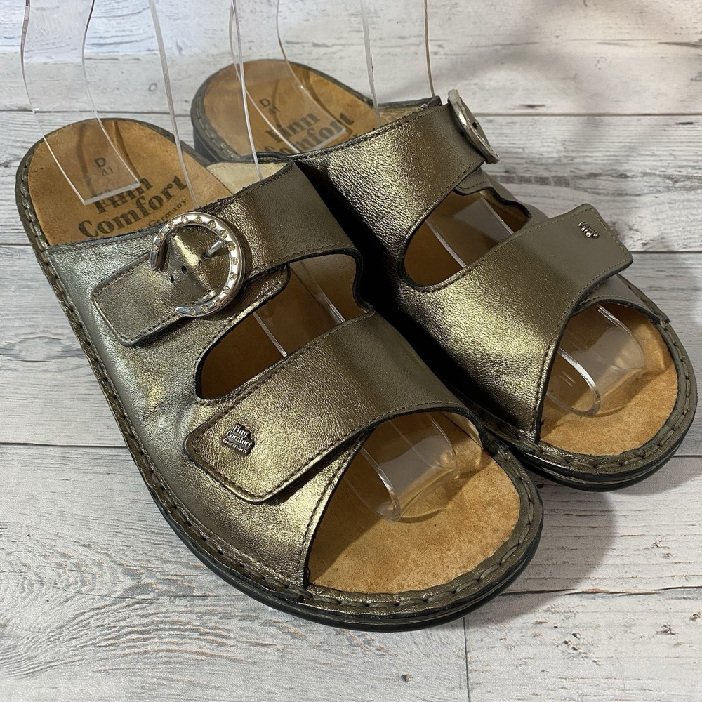 Finn Comfort Sandals Womens 41 D Bronze Metallic Sansibar Strappy Buckle Logo